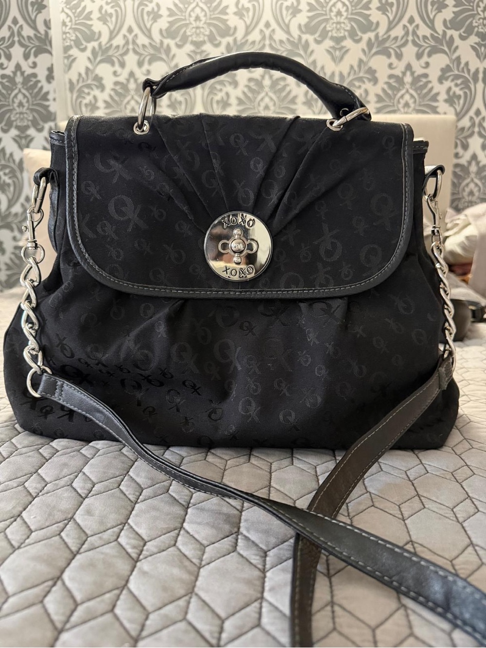 XOXO Black Monogram Top-Handle Satchel with Chain Strap